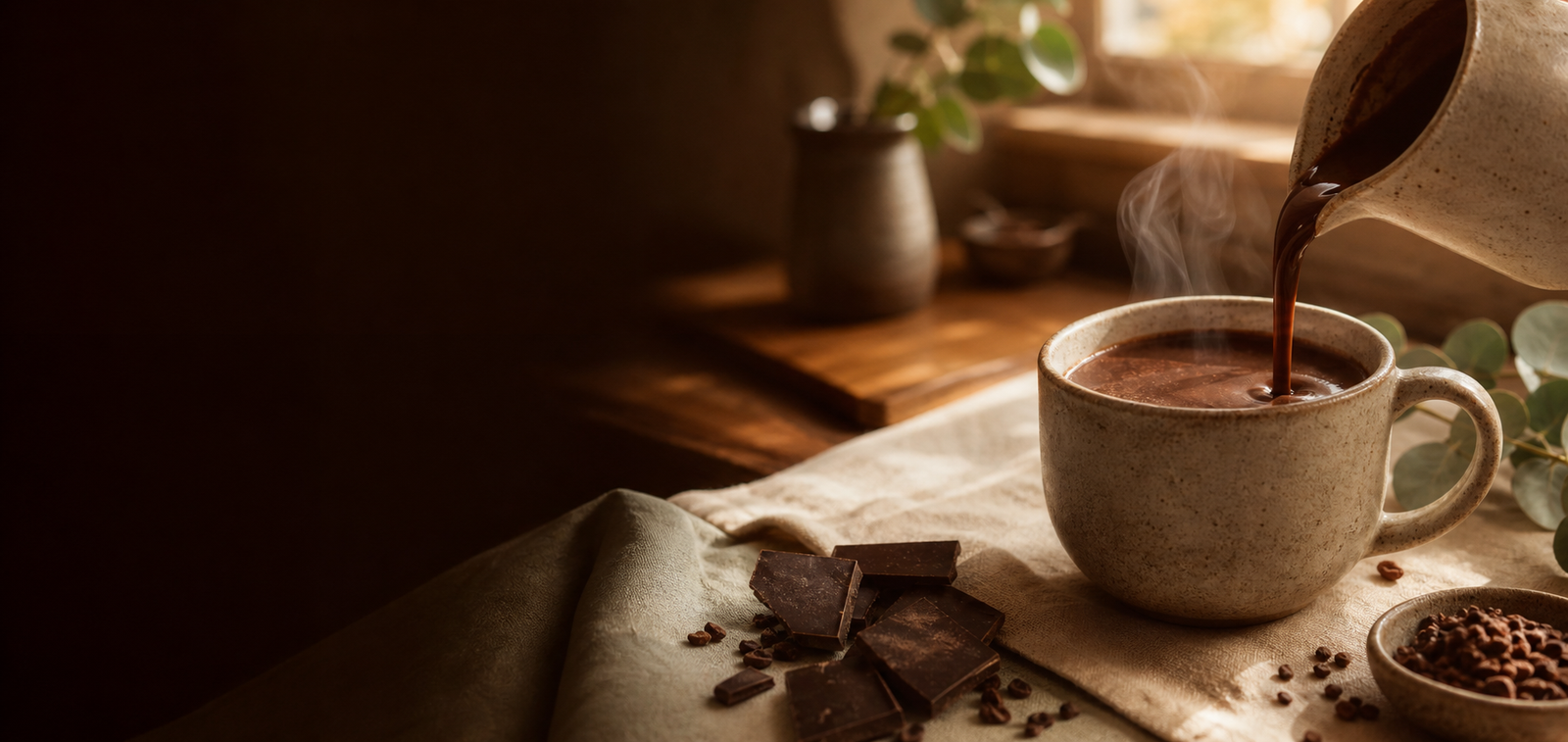 Rich drinking chocolate being poured into a warm mug